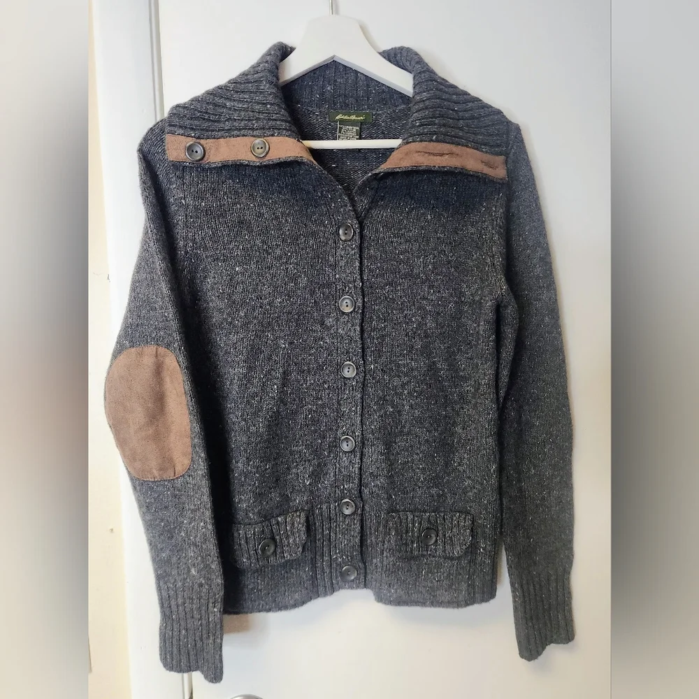 Title: Eddie Bauer Lambswool Cashmere Cardigan Suede Elbow Patch Dark Academia S - Picture 5 of 15